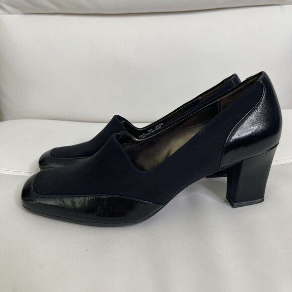 Naturalizer Heeled Loafers Pumps Sz 8.5 Black Leather Block Heels Office Classic - Picture 5 of 16
